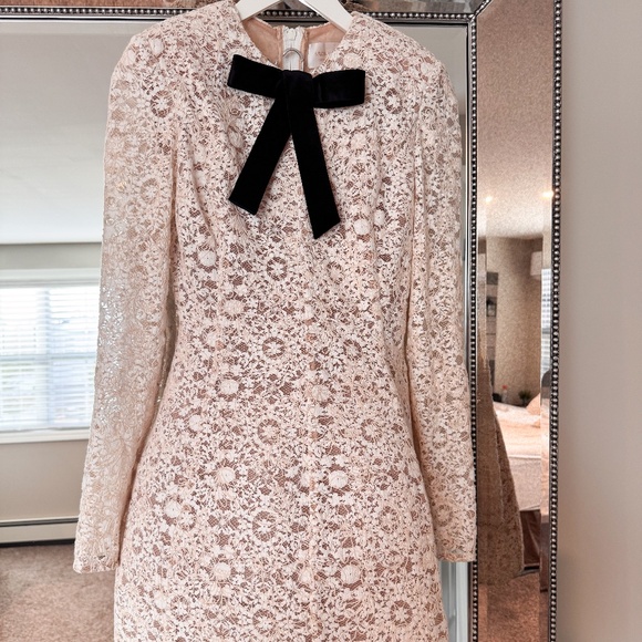 Bronx and Banco Dresses & Skirts - Bronx and Banco Cream Lace Long Sleeve Dress with Black Bow